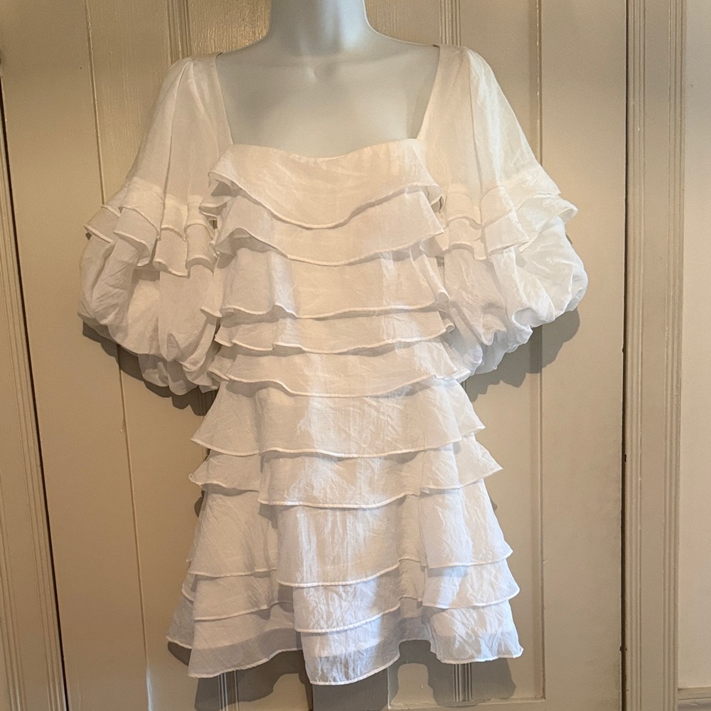Libby Kat White Ruffled Dress with Puff Sleeves